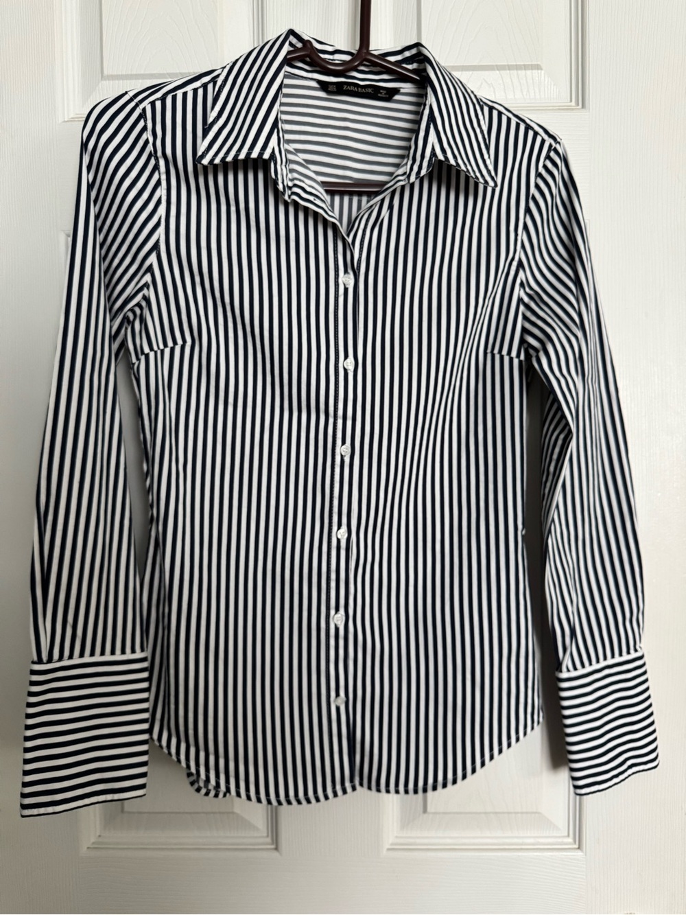 Zara Black and White Vertical Stripe Button-Up Shirt